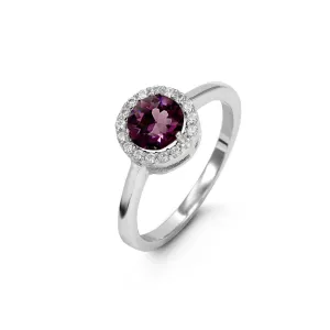 Sterling Silver Rhodium Plated Halo CZ February Birthstone Ring