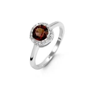 Sterling Silver Rhodium Plated Halo CZ January Birthstone Ring