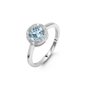 Sterling Silver Rhodium Plated Halo CZ March Birthstone Ring
