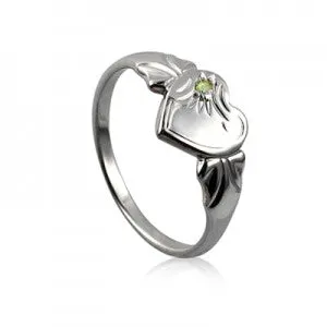 Stirling Silver August Birthstone Single Heart Signet Ring with Peridot Cz