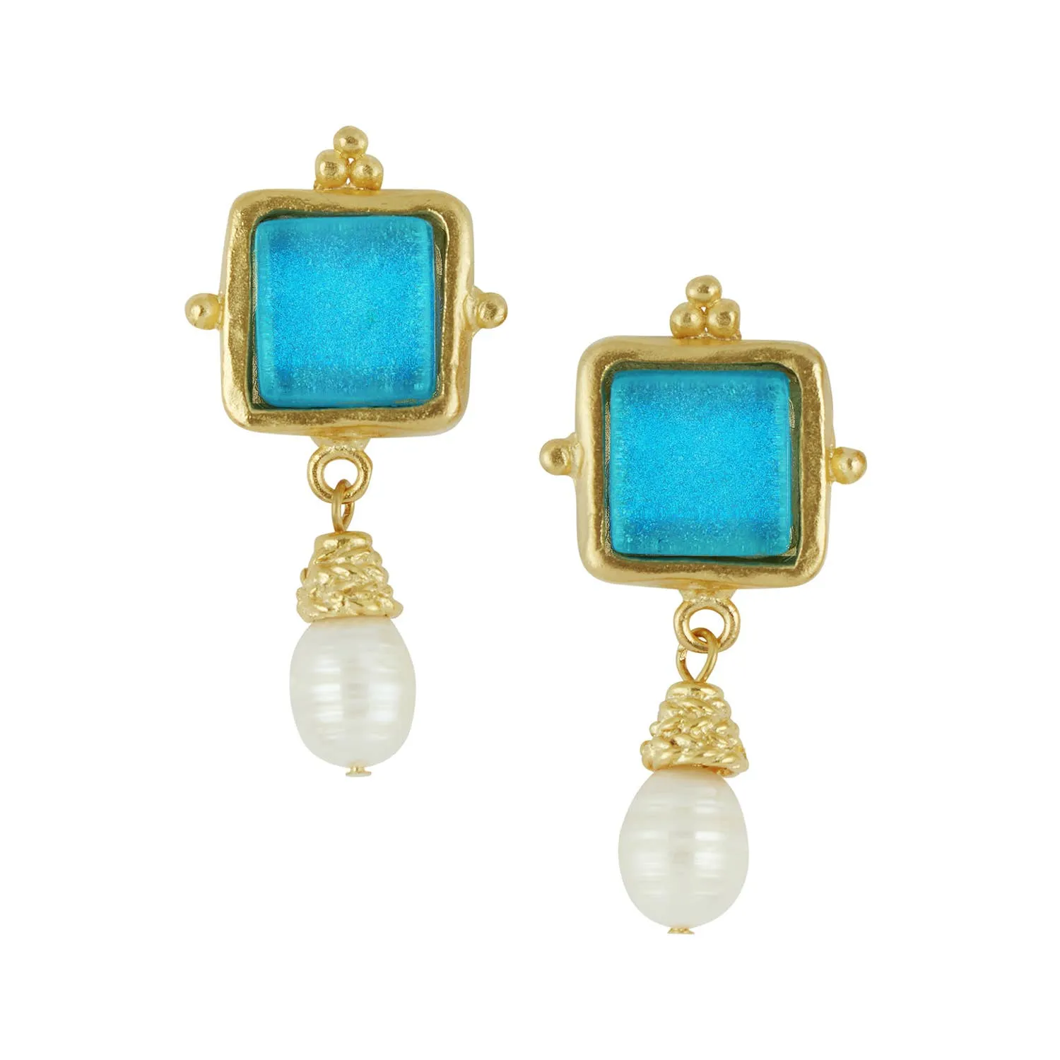 Susan Shaw Gold/Turquoise Glass   Pearl Earrings