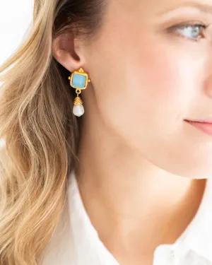 Susan Shaw Gold/Turquoise Glass   Pearl Earrings