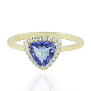 Tanzanite Pave Diamond Halo Birthday Gift In Yellow Gold Solitaire Ring For Her