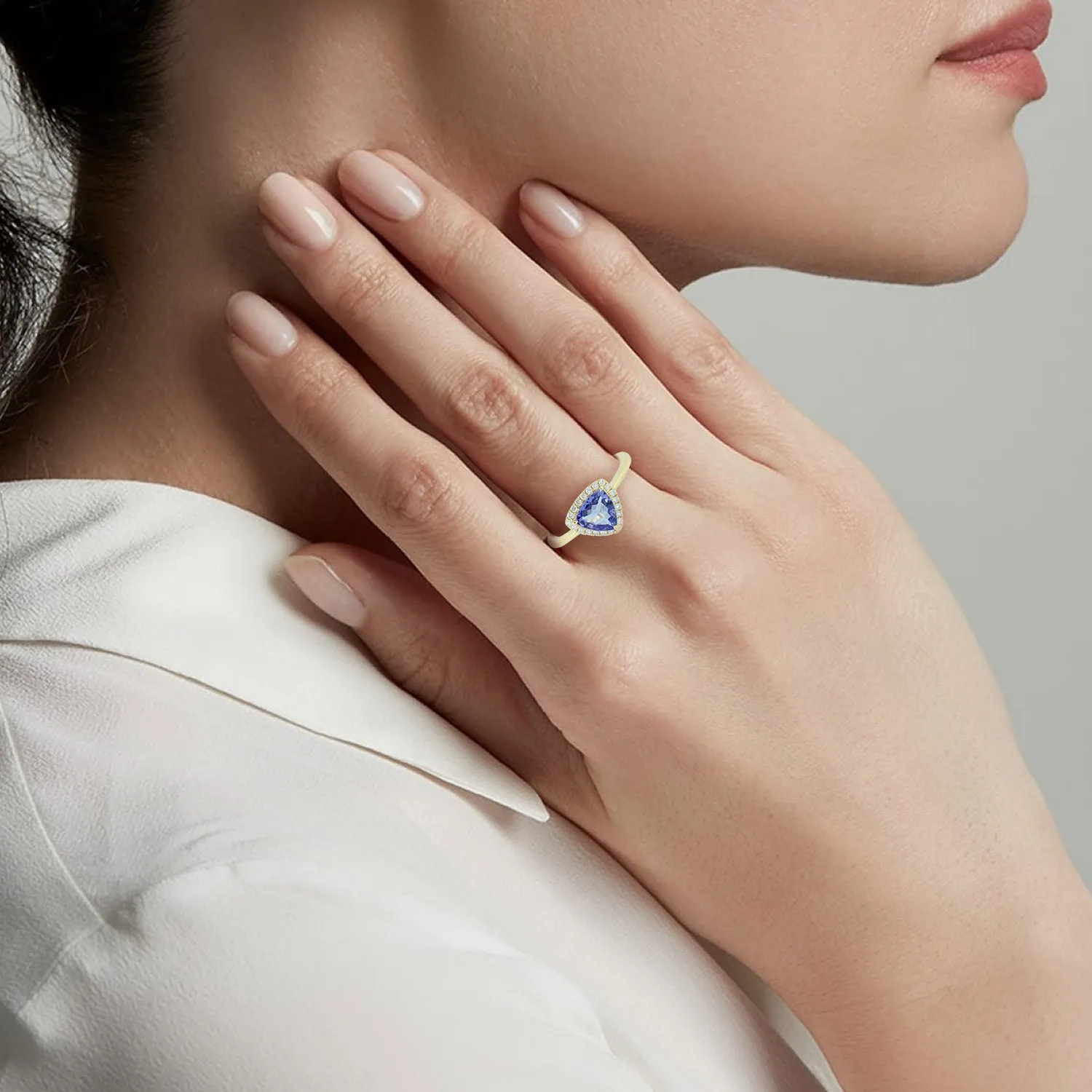 Tanzanite Pave Diamond Halo Birthday Gift In Yellow Gold Solitaire Ring For Her