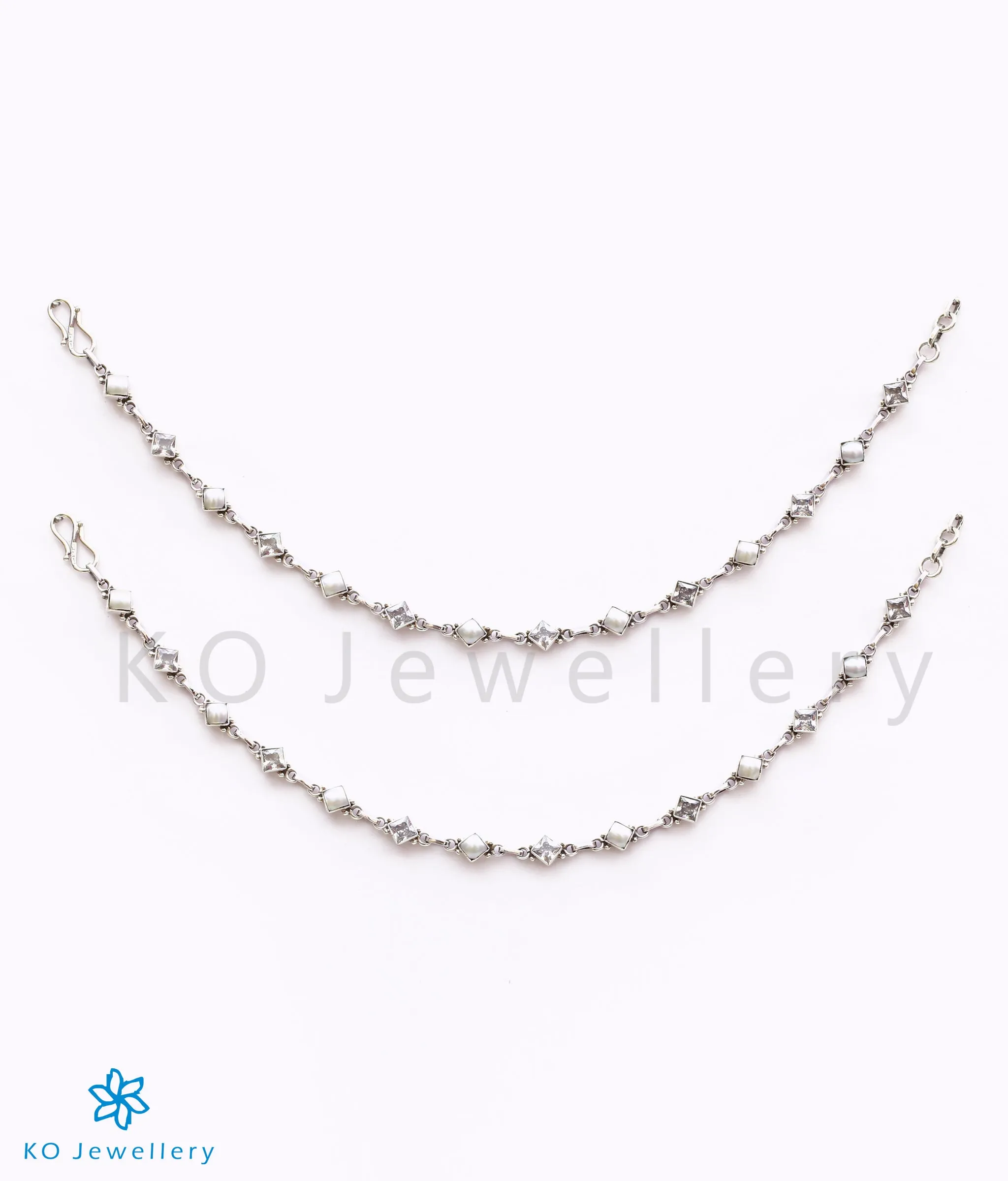 The Pahal Silver Gemstone Anklets (Pearl/Zircon)