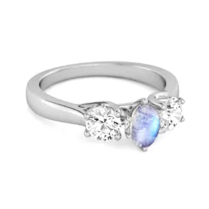 Three Stone Natural Moonstone 925 Sterling Silver Engagement Ring