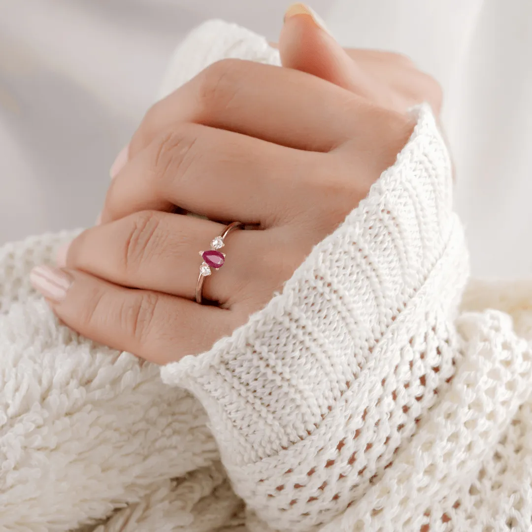 Three Stone Ruby Teardrop Ring
