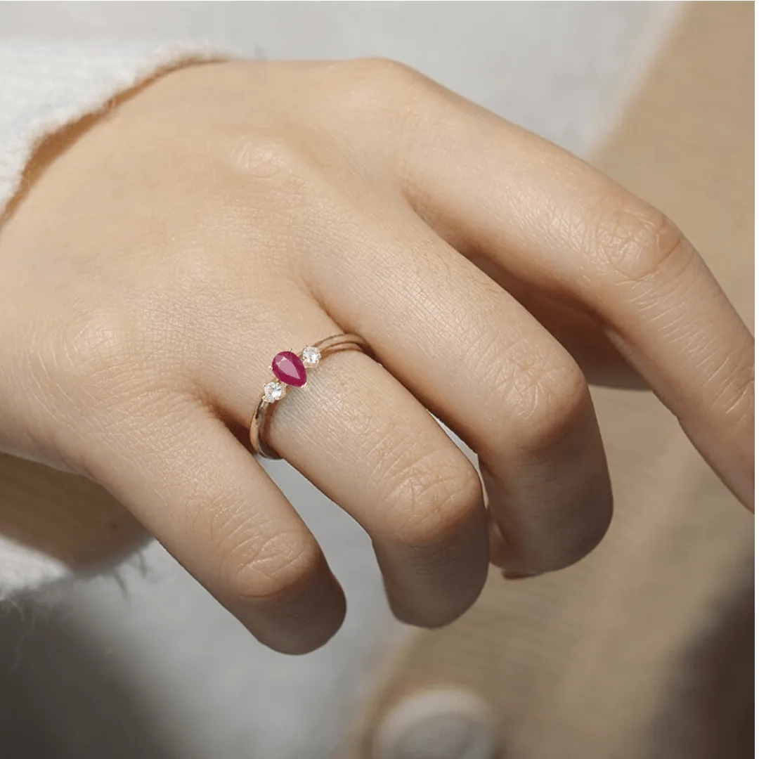 Three Stone Ruby Teardrop Ring