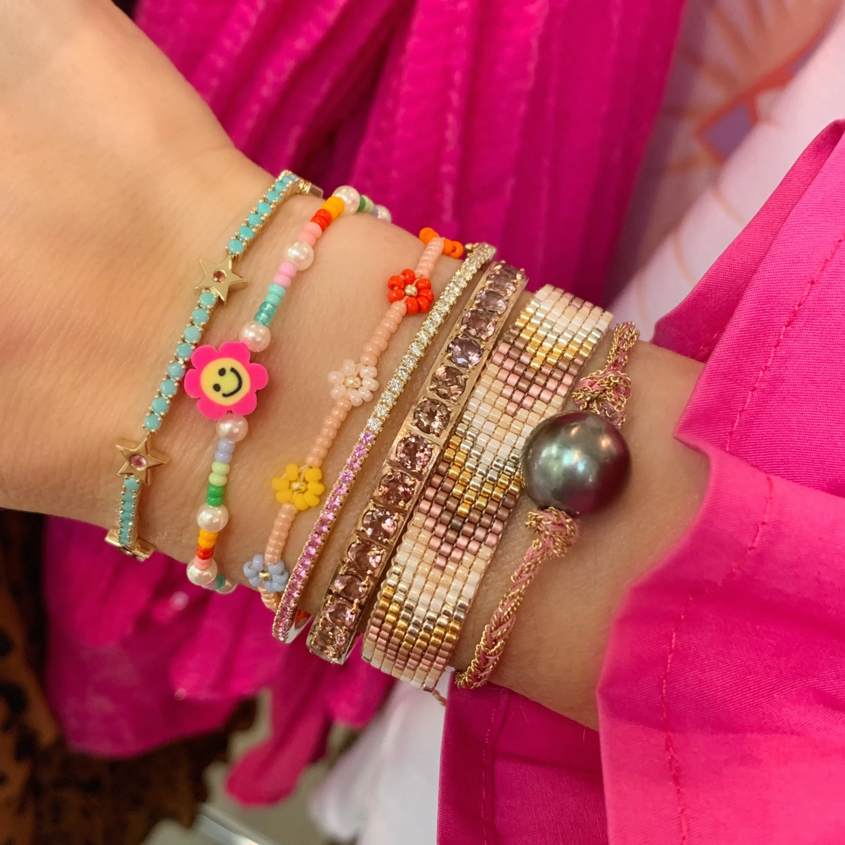 Throwback Multicolor Smiley Face Adjustable Beaded Bracelet