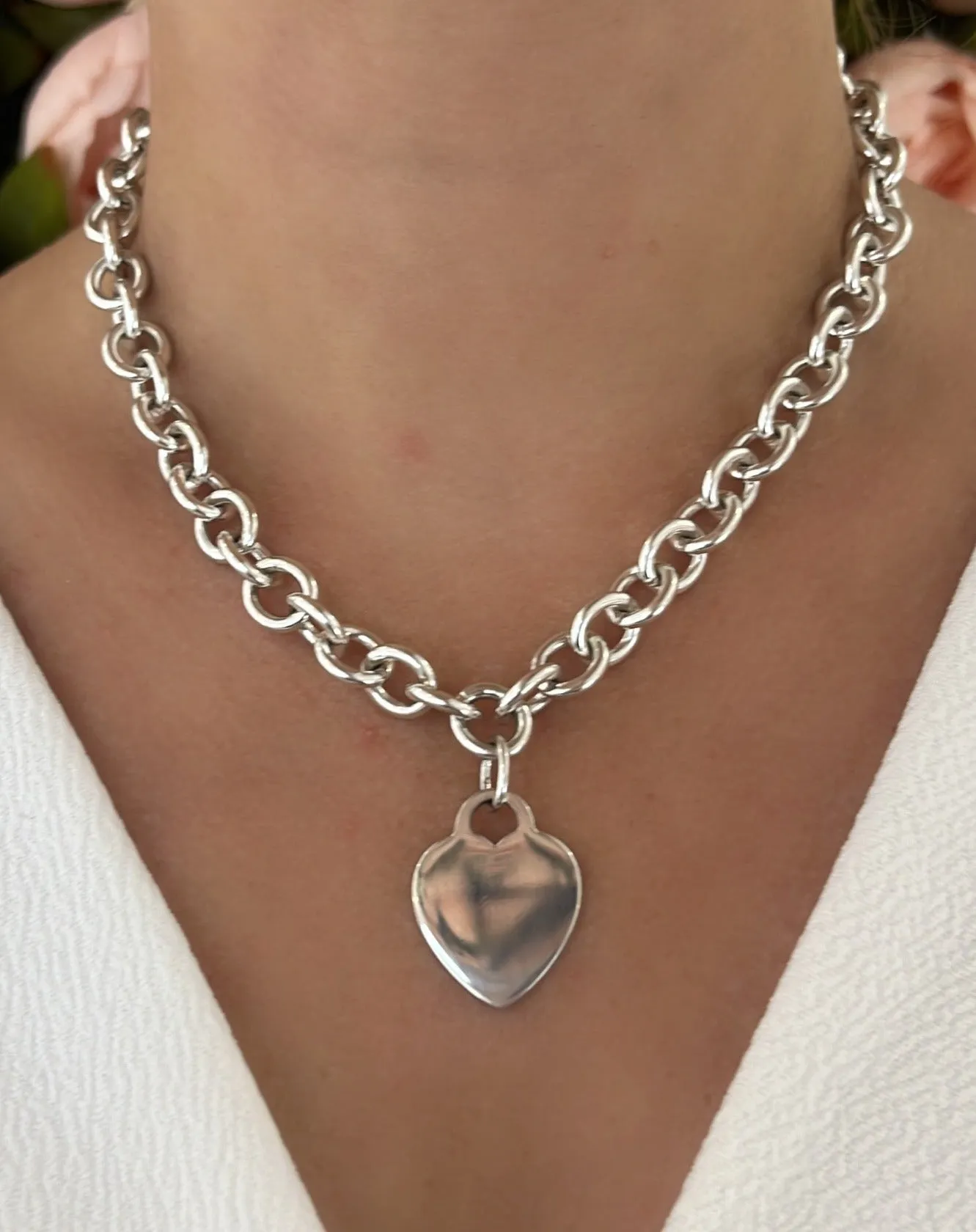 Tiffany & Co Plain Heart Tag Sterling Silver Pendant Choker Necklace - 16"
