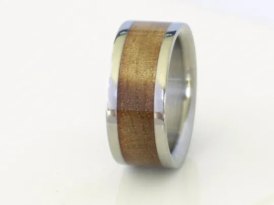 Titanium Rings with Exotic SUGAR GUM WOOD Inlay Bands His and Hers Wedding Bands Flat Design Any Size 4-17 & 1/4 sizes