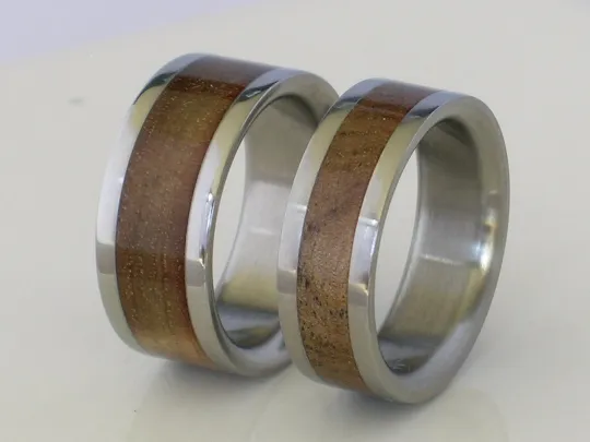 Titanium Rings with Exotic SUGAR GUM WOOD Inlay Bands His and Hers Wedding Bands Flat Design Any Size 4-17 & 1/4 sizes
