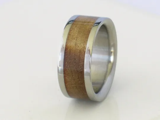 Titanium Rings with Exotic SUGAR GUM WOOD Inlay Bands His and Hers Wedding Bands Flat Design Any Size 4-17 & 1/4 sizes