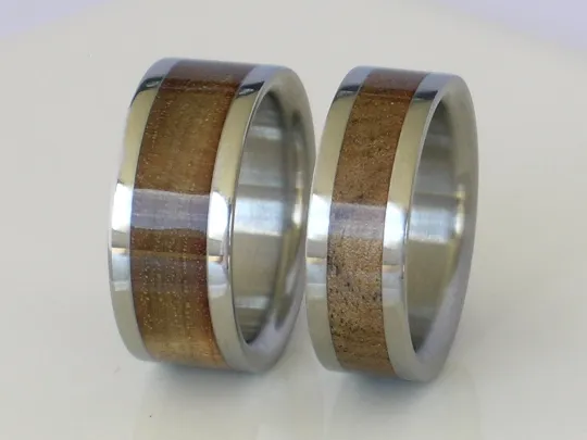 Titanium Rings with Exotic SUGAR GUM WOOD Inlay Bands His and Hers Wedding Bands Flat Design Any Size 4-17 & 1/4 sizes