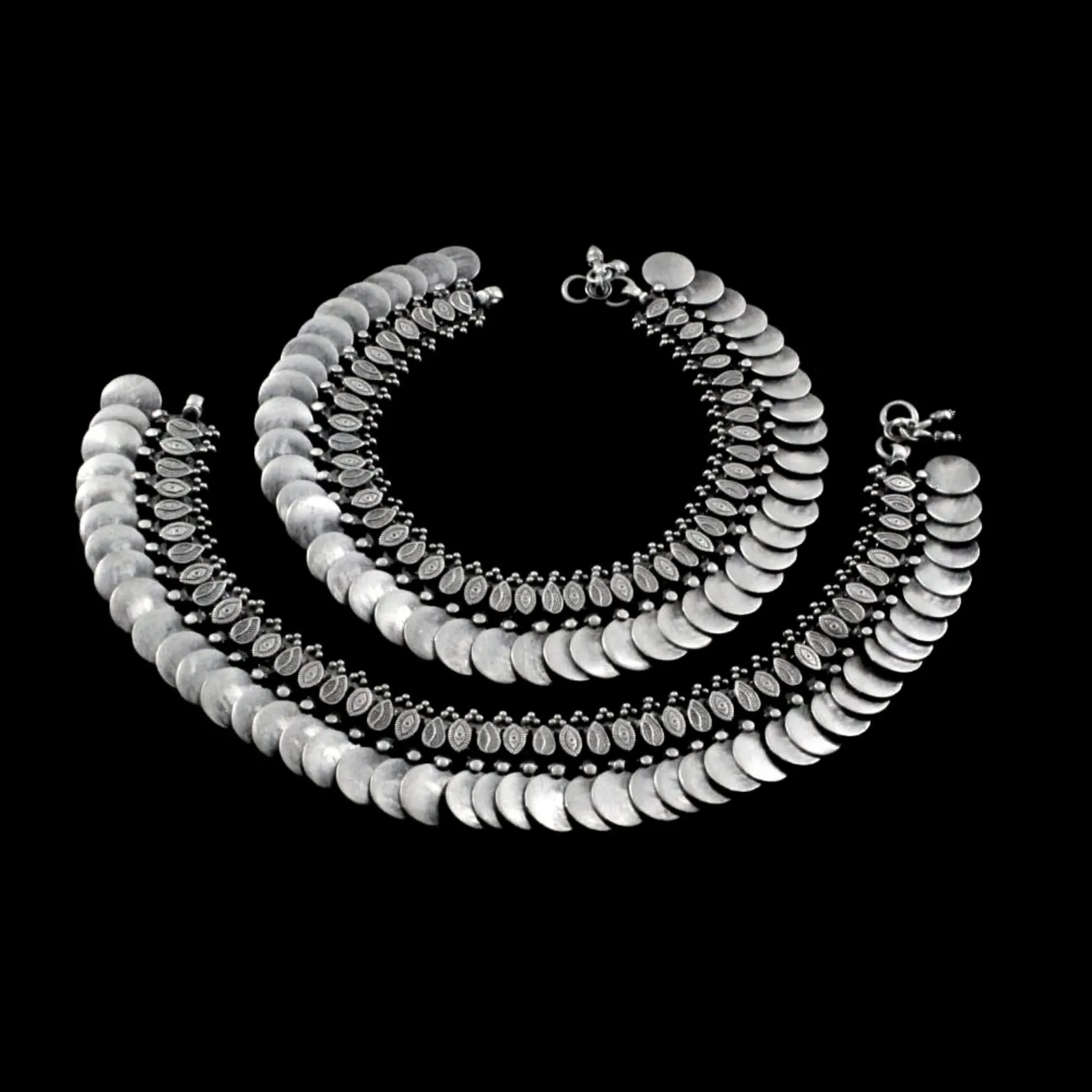Traditional Plain Coin Antique Finish Real Silver Bridal Anklets Ankle Pair 10.3"