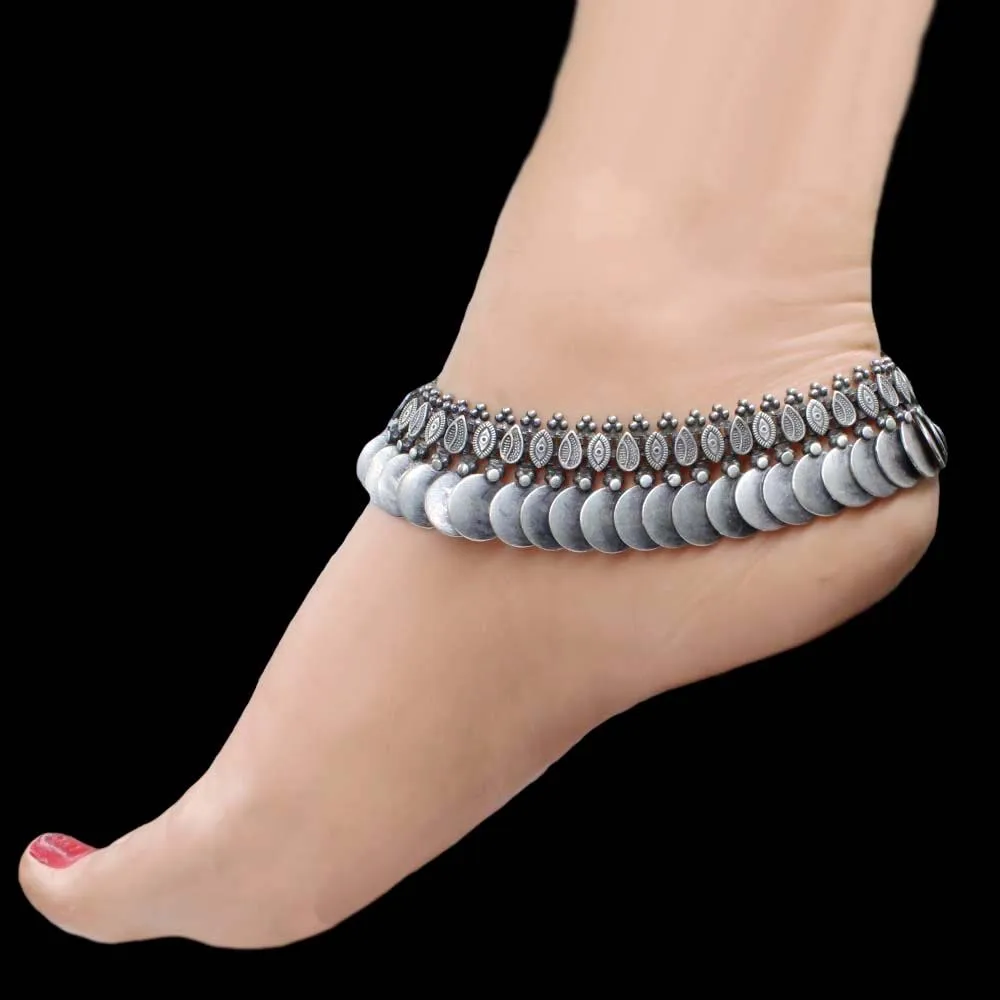 Traditional Plain Coin Antique Finish Real Silver Bridal Anklets Ankle Pair 10.3"