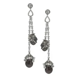 Trinity Drop Earring Set In 20K Gold With Double Strand Brown Diamond Beads