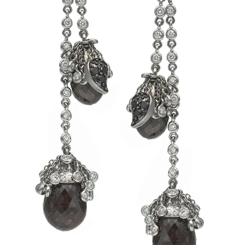 Trinity Drop Earring Set In 20K Gold With Double Strand Brown Diamond Beads