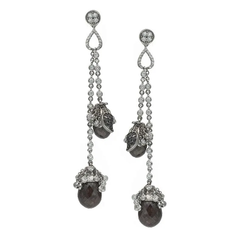Trinity Drop Earring Set In 20K Gold With Double Strand Brown Diamond Beads