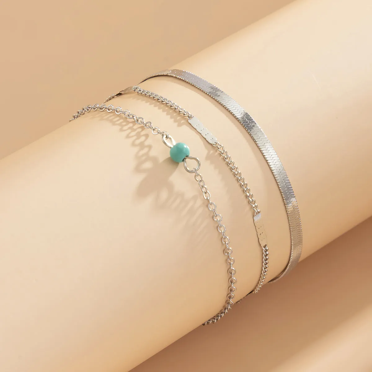 Turquoise & Silver-Plated Anklet Set