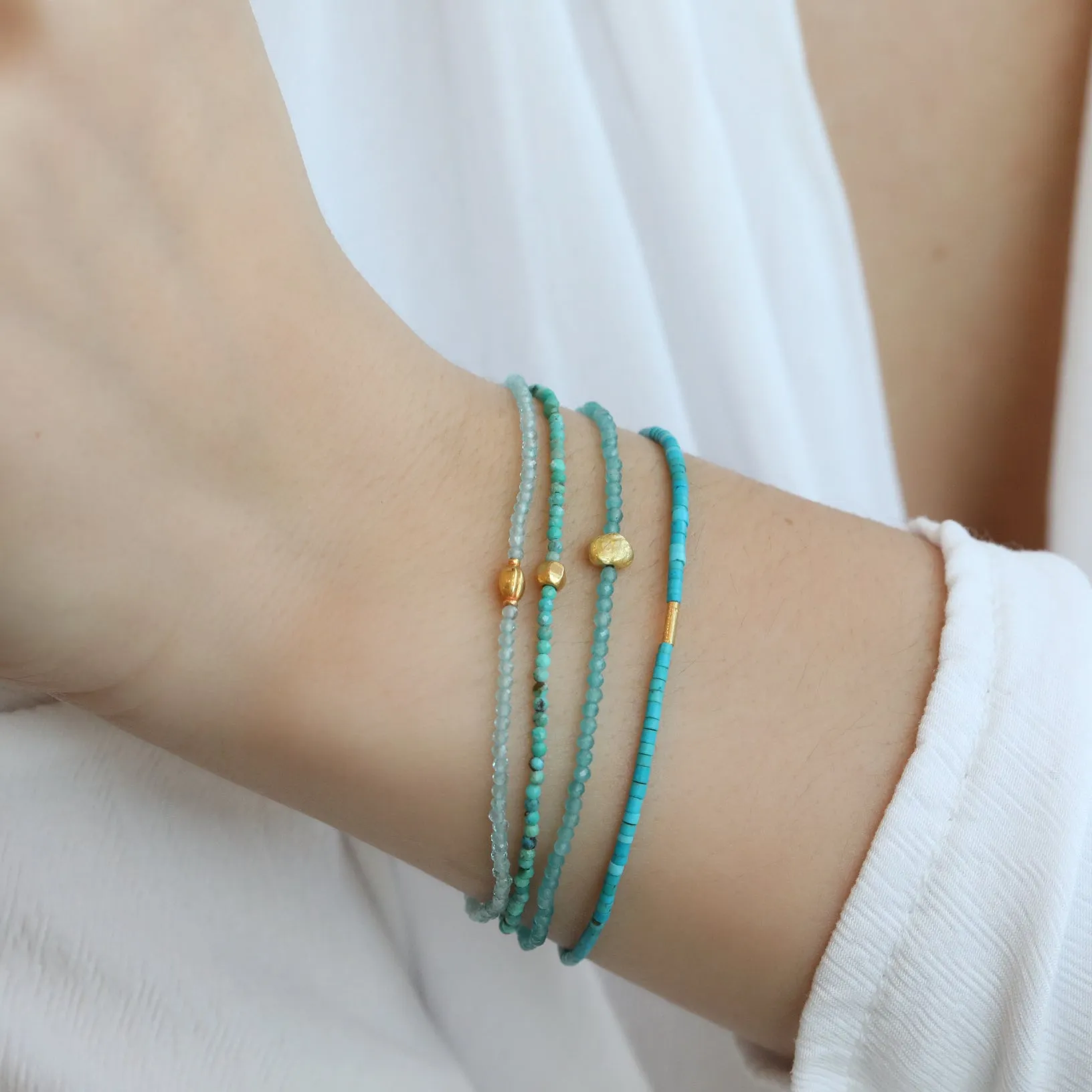 Turquoise Tube Beaded Bracelet with 18K Carved Sphere Bead