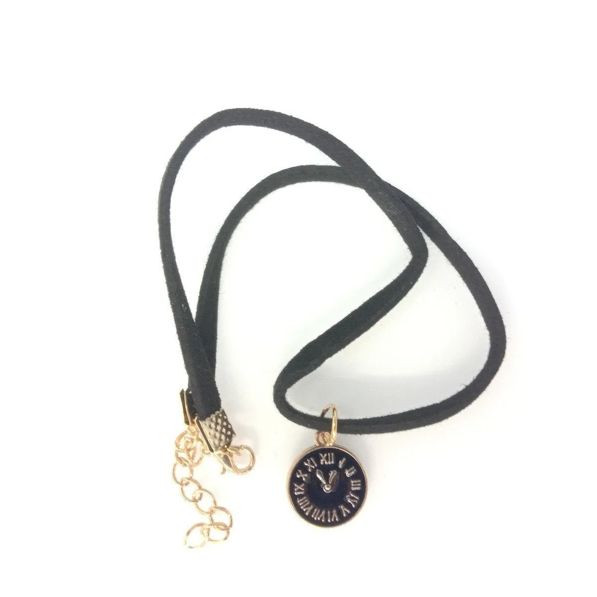 Velvet Neck Choker Necklace Black Clock Watch Charm Gold Roman Numerals