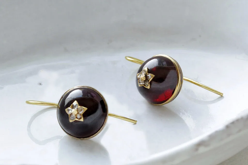 Victorian Garnet Cabochon and Diamond Earrings