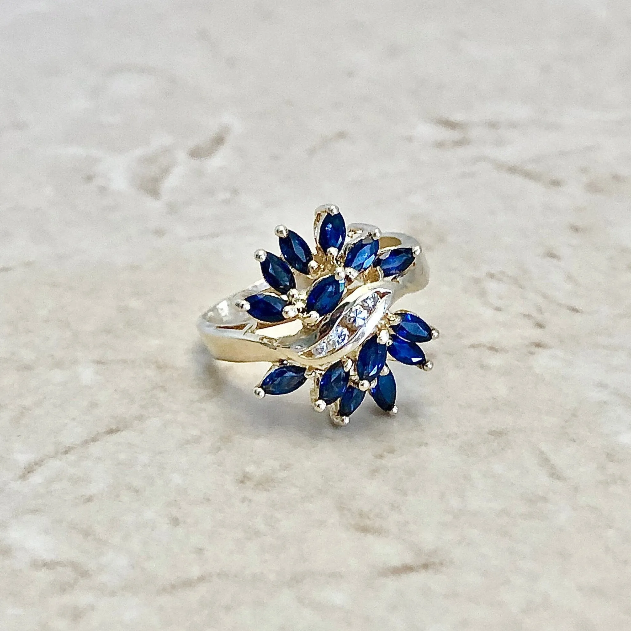 Vintage 14 Karat Yello wGold Sapphire & Diamond Cocktail Ring