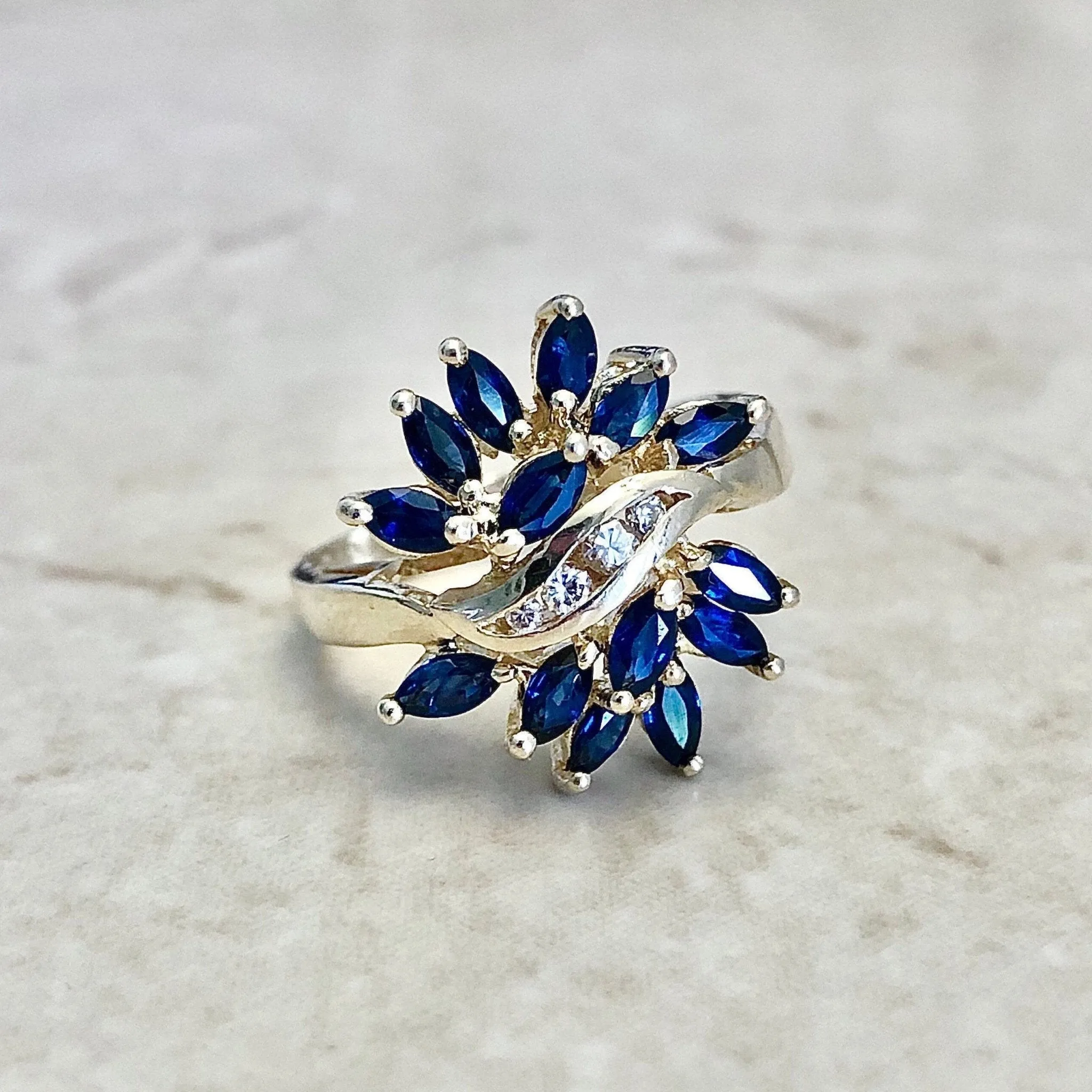 Vintage 14 Karat Yello wGold Sapphire & Diamond Cocktail Ring