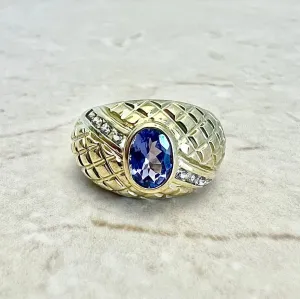 Vintage 14 Karat Yellow Gold Bezel-Set 0.85 Carat Oval Tanzanite & White Topaz Cocktail Ring