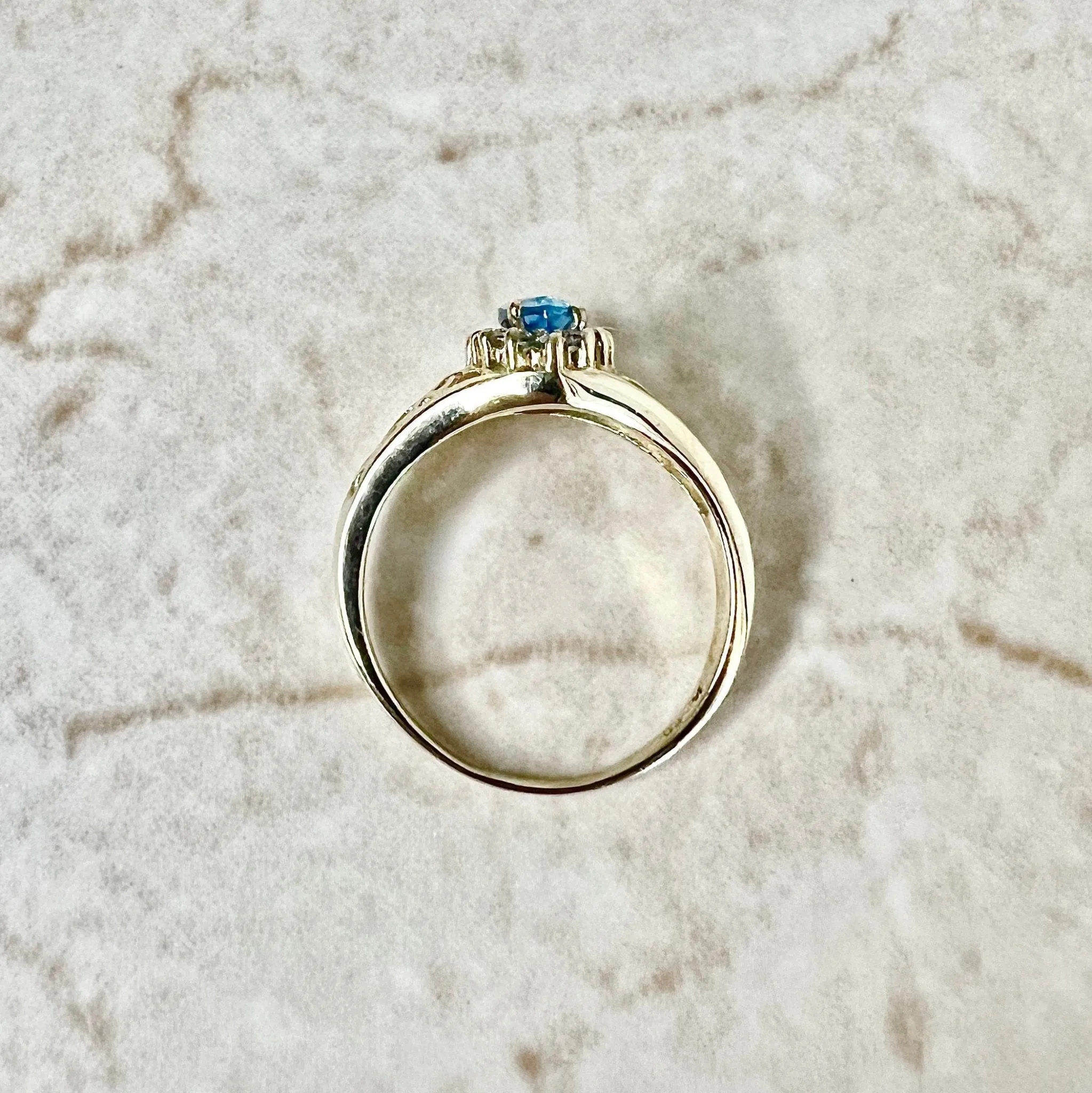 Vintage 14 Karat Yellow Gold Marquise Swiss Blue Topaz & Diamond Halo Ring