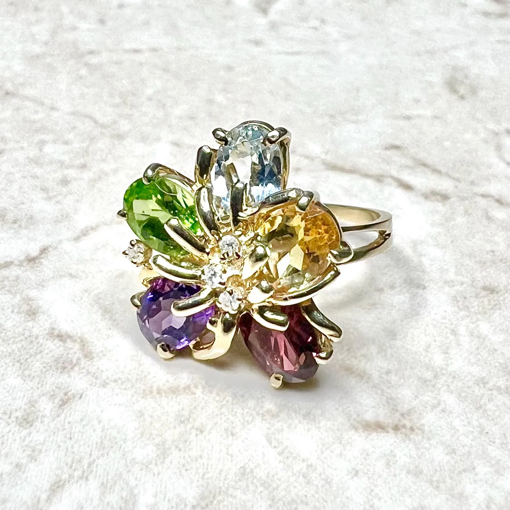 Vintage 14 Karat Yellow Gold Multi Gemstone Flower Ring