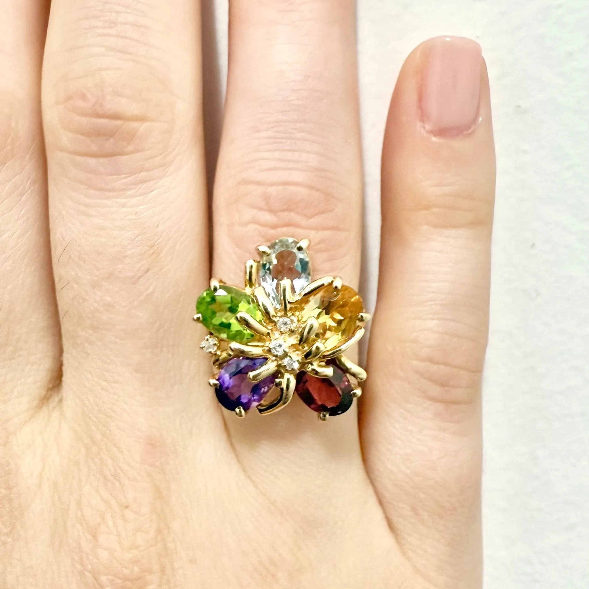 Vintage 14 Karat Yellow Gold Multi Gemstone Flower Ring