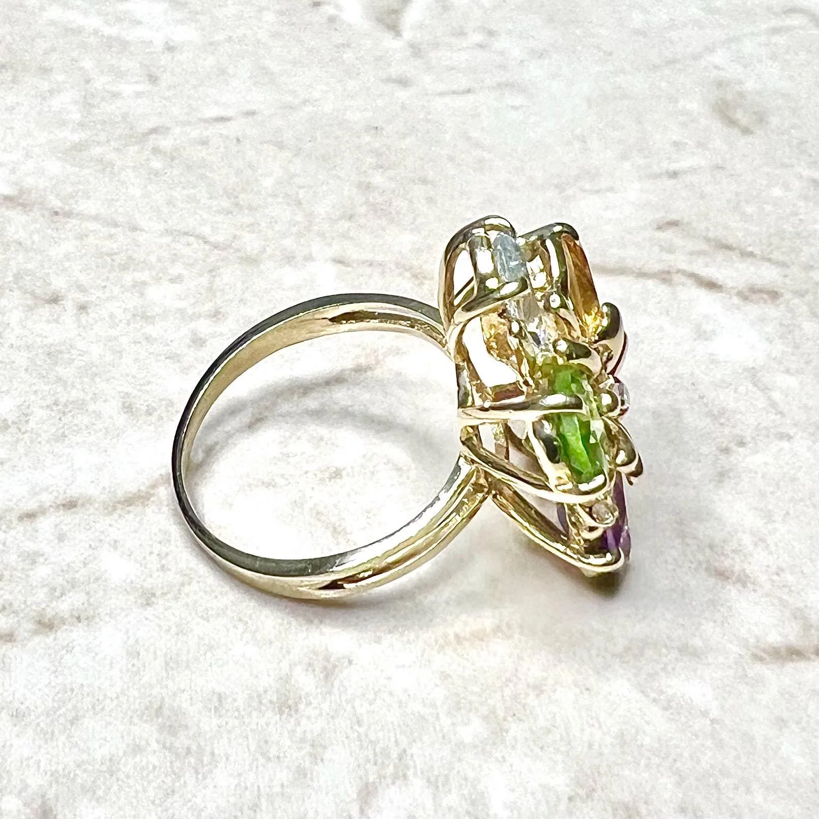 Vintage 14 Karat Yellow Gold Multi Gemstone Flower Ring
