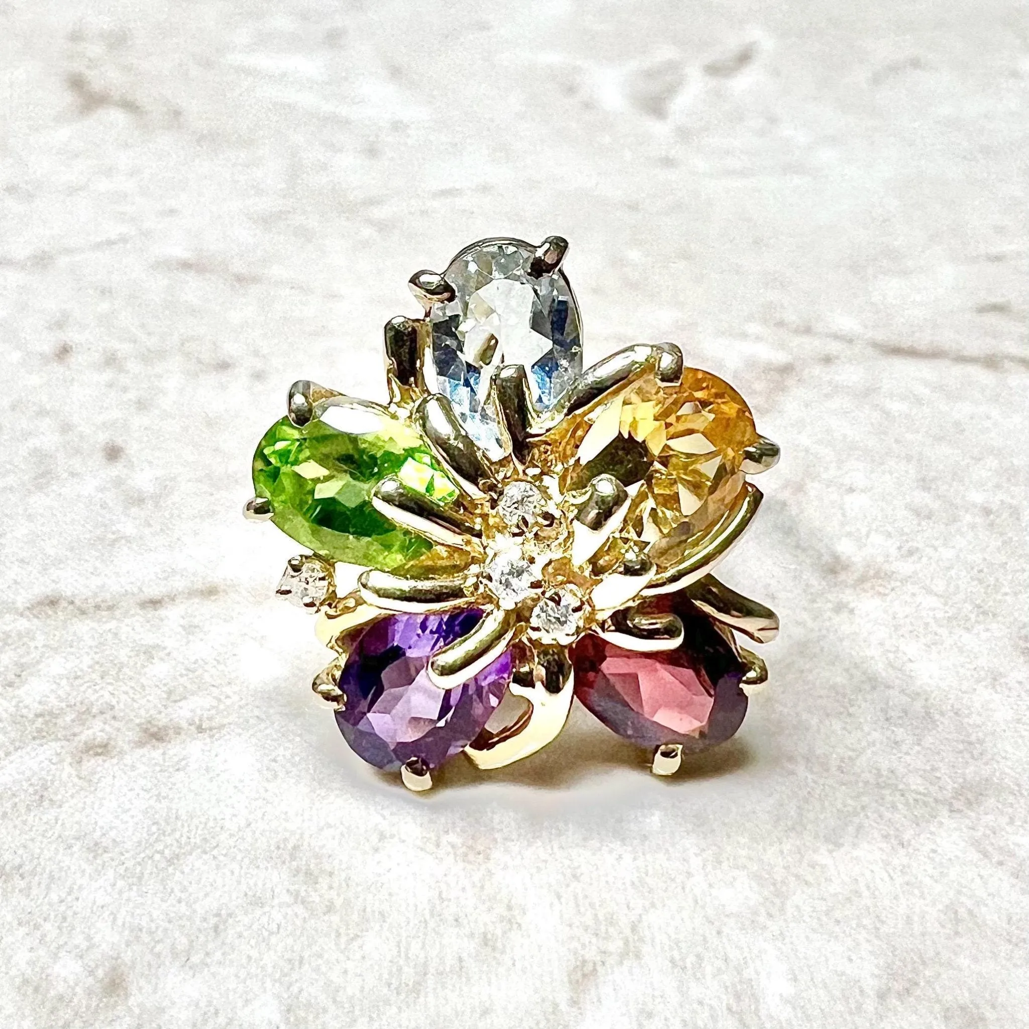 Vintage 14 Karat Yellow Gold Multi Gemstone Flower Ring
