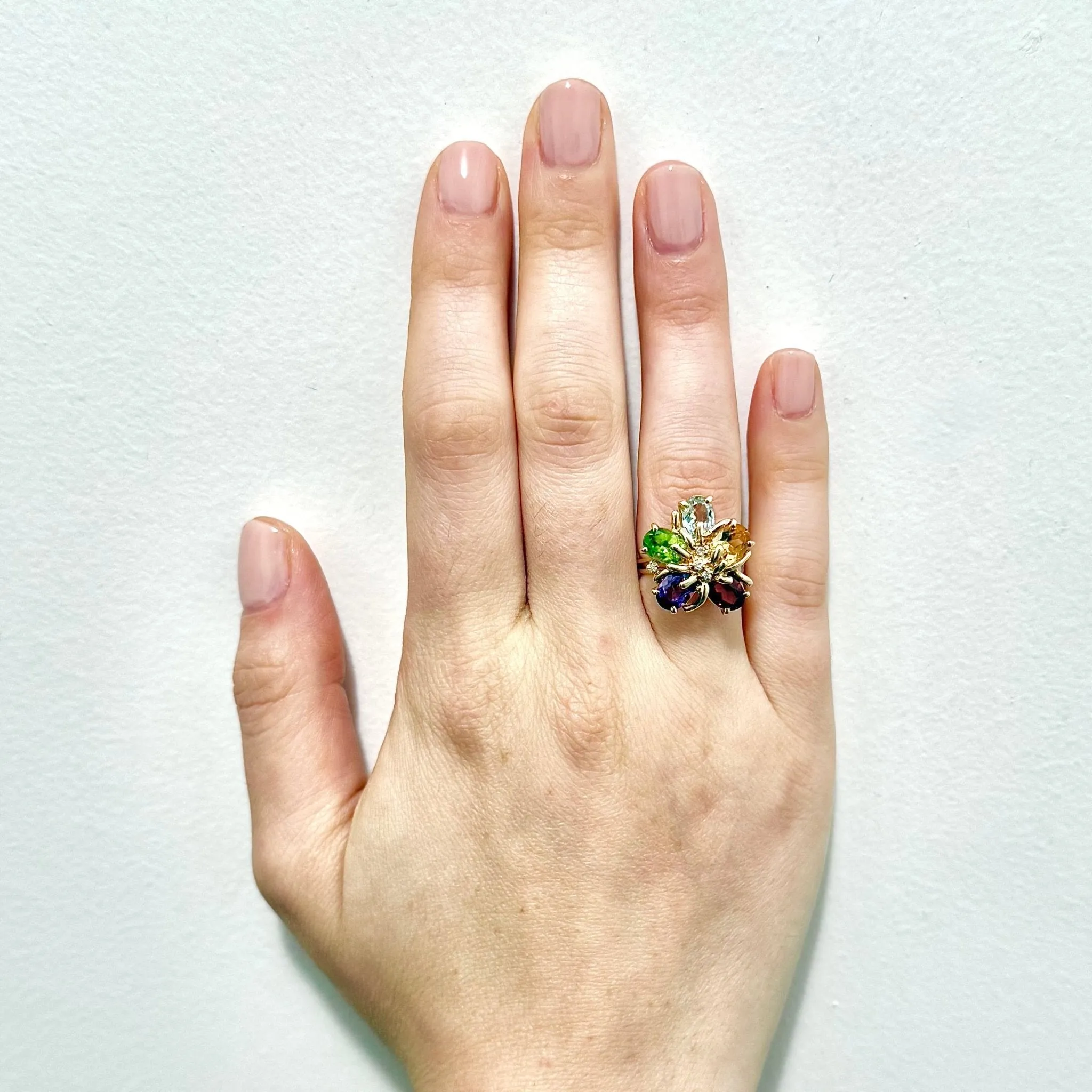 Vintage 14 Karat Yellow Gold Multi Gemstone Flower Ring
