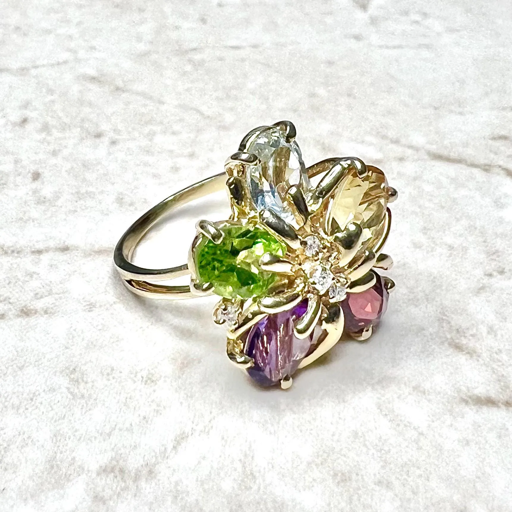 Vintage 14 Karat Yellow Gold Multi Gemstone Flower Ring