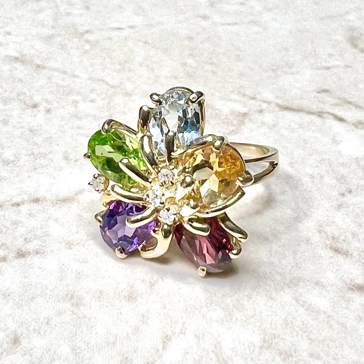 Vintage 14 Karat Yellow Gold Multi Gemstone Flower Ring