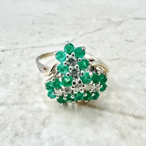 Vintage 14 Karat Yellow Gold Natural Emerald & Diamond Cluster Ring