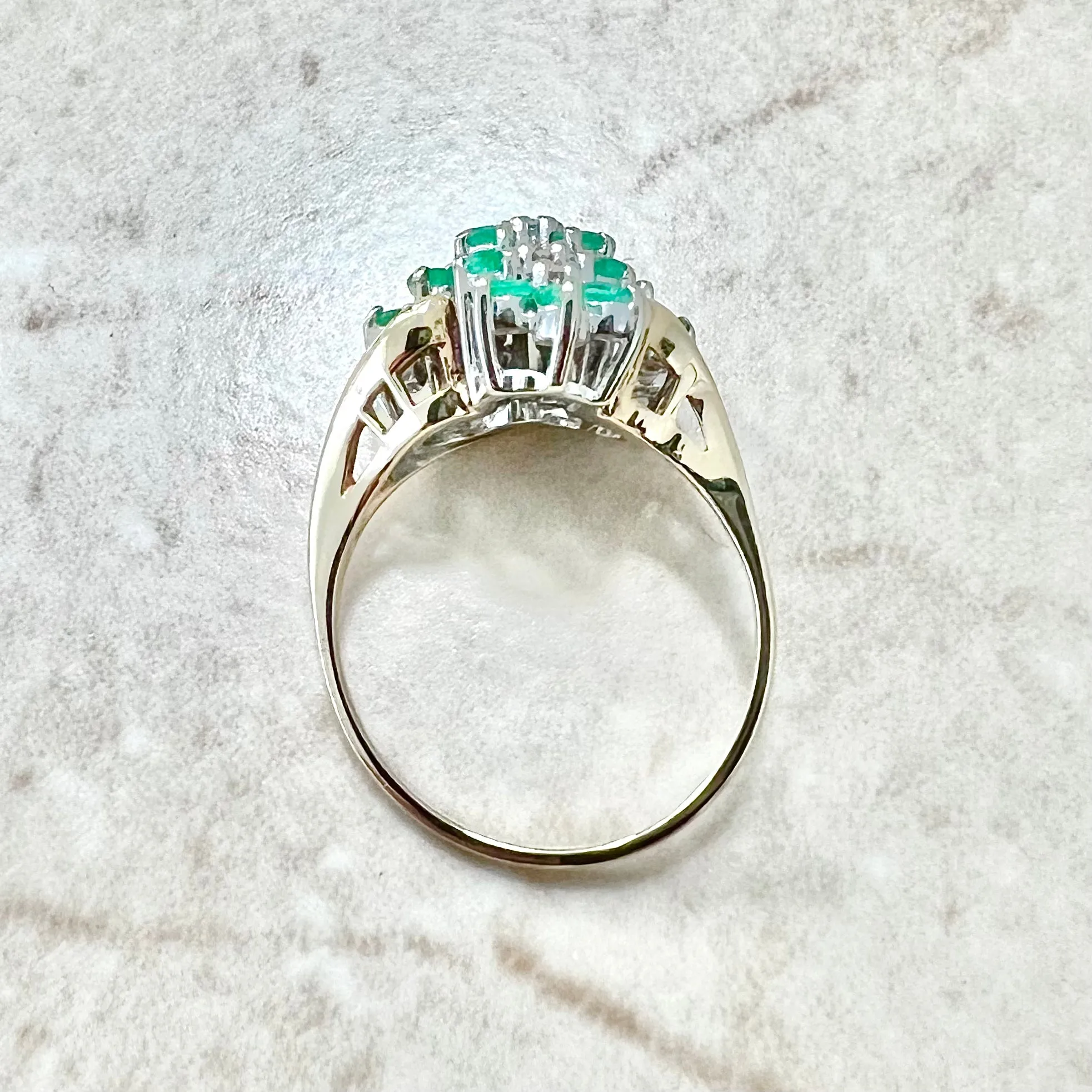 Vintage 14 Karat Yellow Gold Natural Emerald & Diamond Cluster Ring