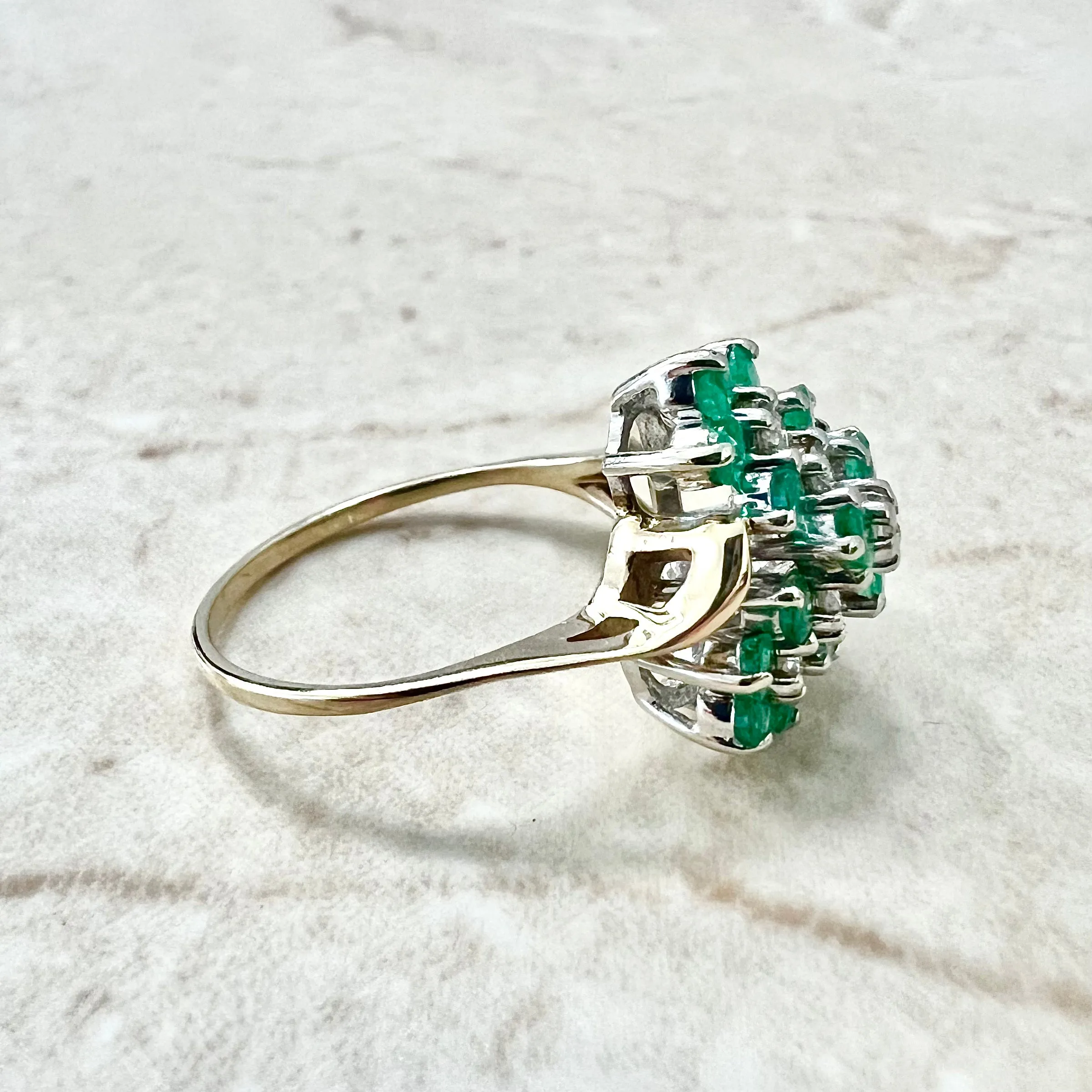Vintage 14 Karat Yellow Gold Natural Emerald & Diamond Cluster Ring