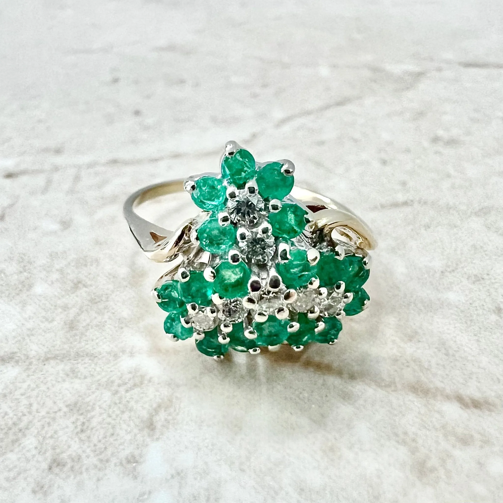Vintage 14 Karat Yellow Gold Natural Emerald & Diamond Cluster Ring