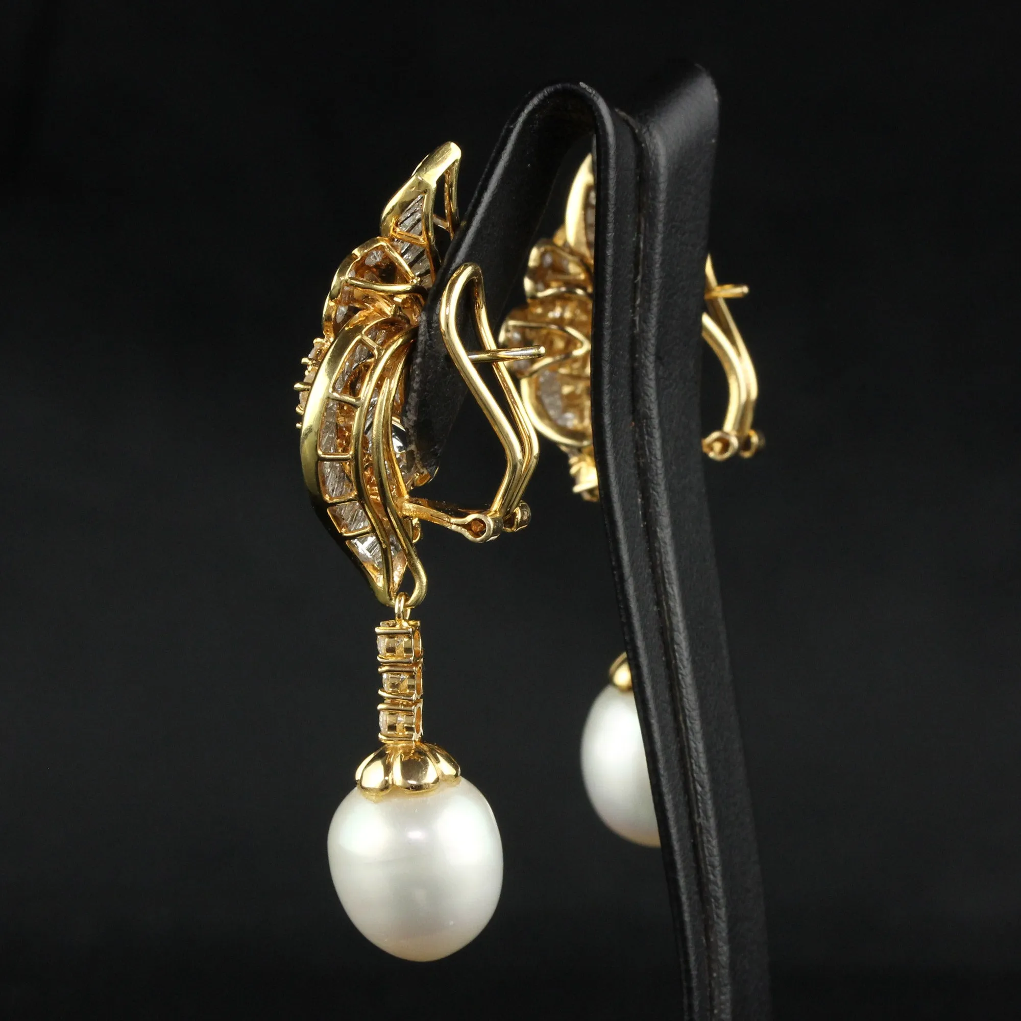 Vintage 18K Yellow Gold Diamond and South  Sea Pearl Drop Earrings