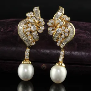 Vintage 18K Yellow Gold Diamond and South  Sea Pearl Drop Earrings