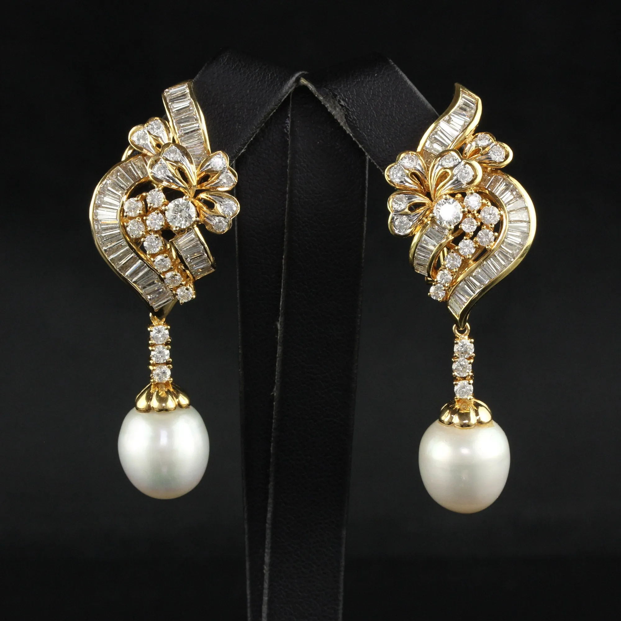 Vintage 18K Yellow Gold Diamond and South  Sea Pearl Drop Earrings