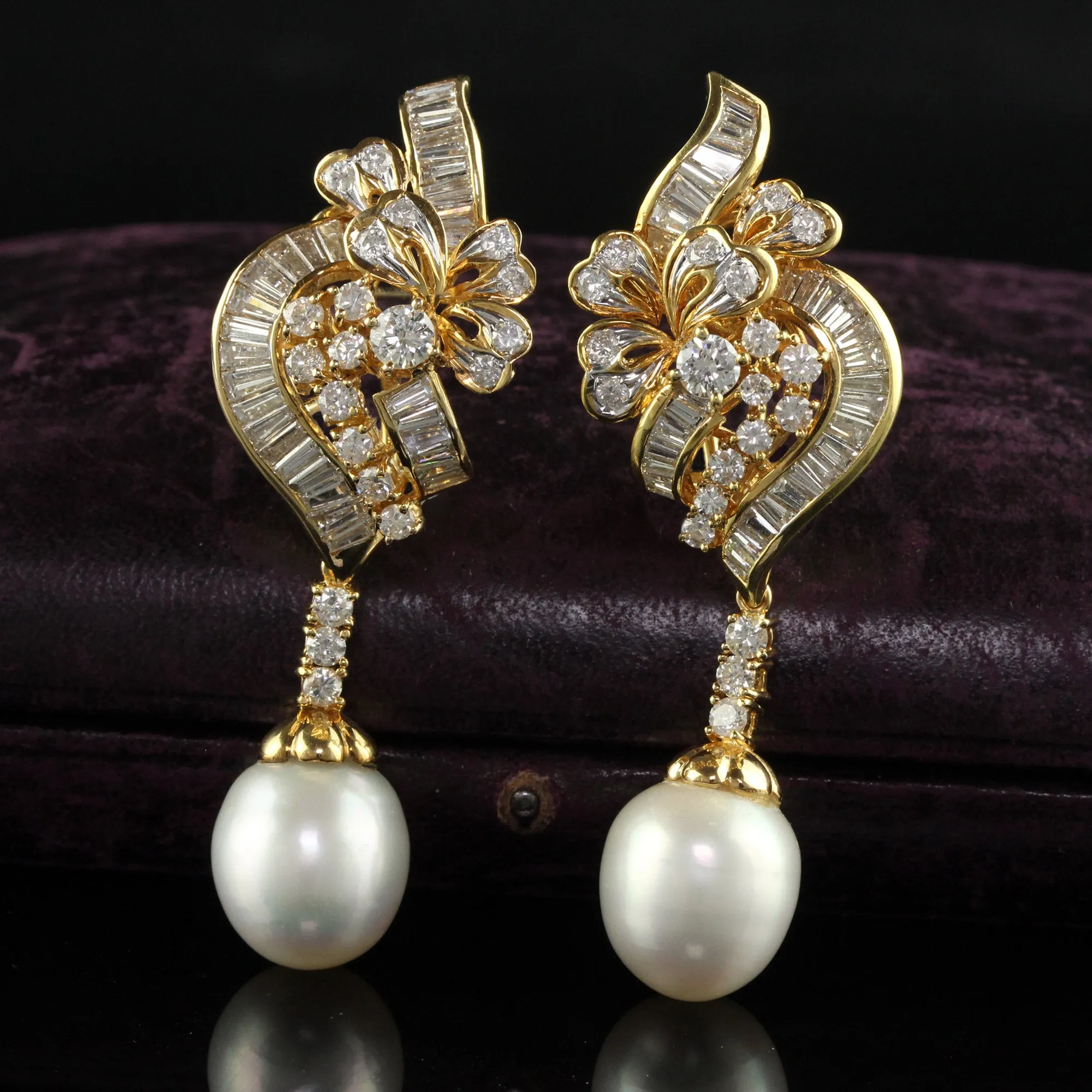 Vintage 18K Yellow Gold Diamond and South  Sea Pearl Drop Earrings