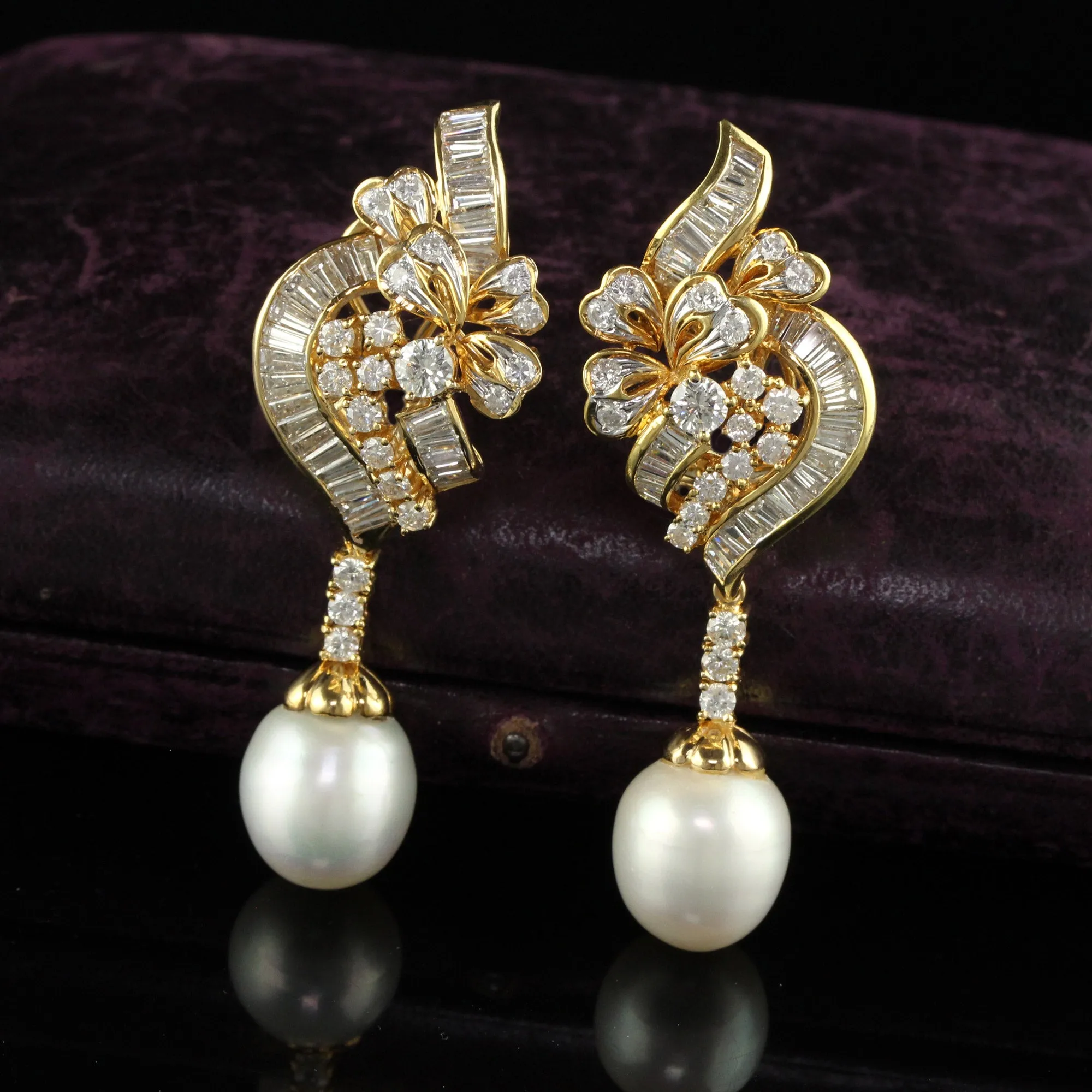 Vintage 18K Yellow Gold Diamond and South  Sea Pearl Drop Earrings