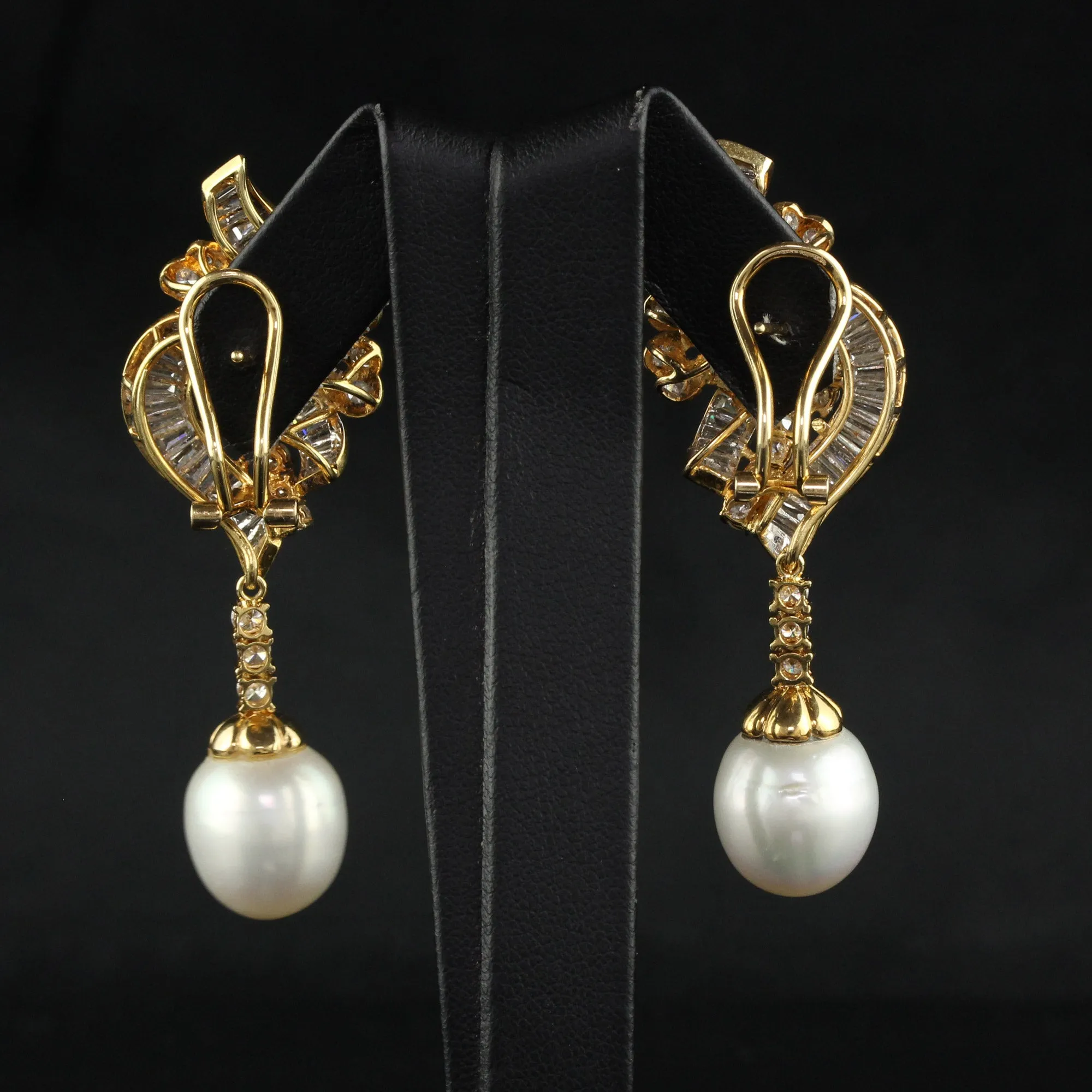 Vintage 18K Yellow Gold Diamond and South  Sea Pearl Drop Earrings