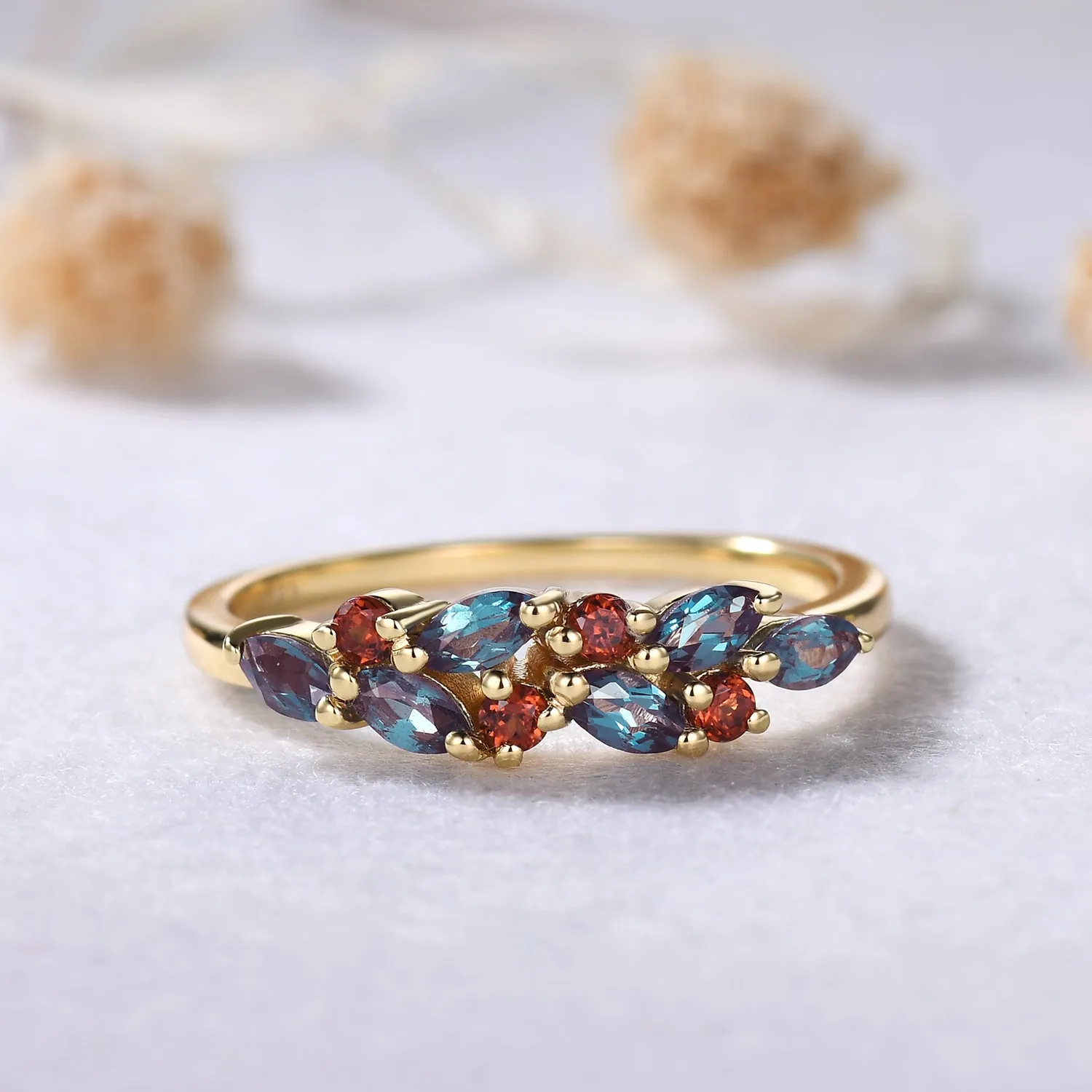 Vintage Alexandrite Garnet Yellow Gold Ring Solid Gold Wedding Bridal Cluster Ring