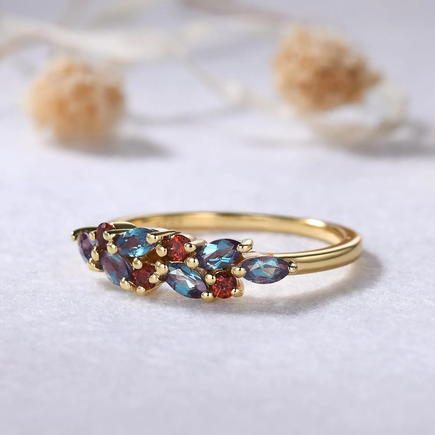 Vintage Alexandrite Garnet Yellow Gold Ring Solid Gold Wedding Bridal Cluster Ring